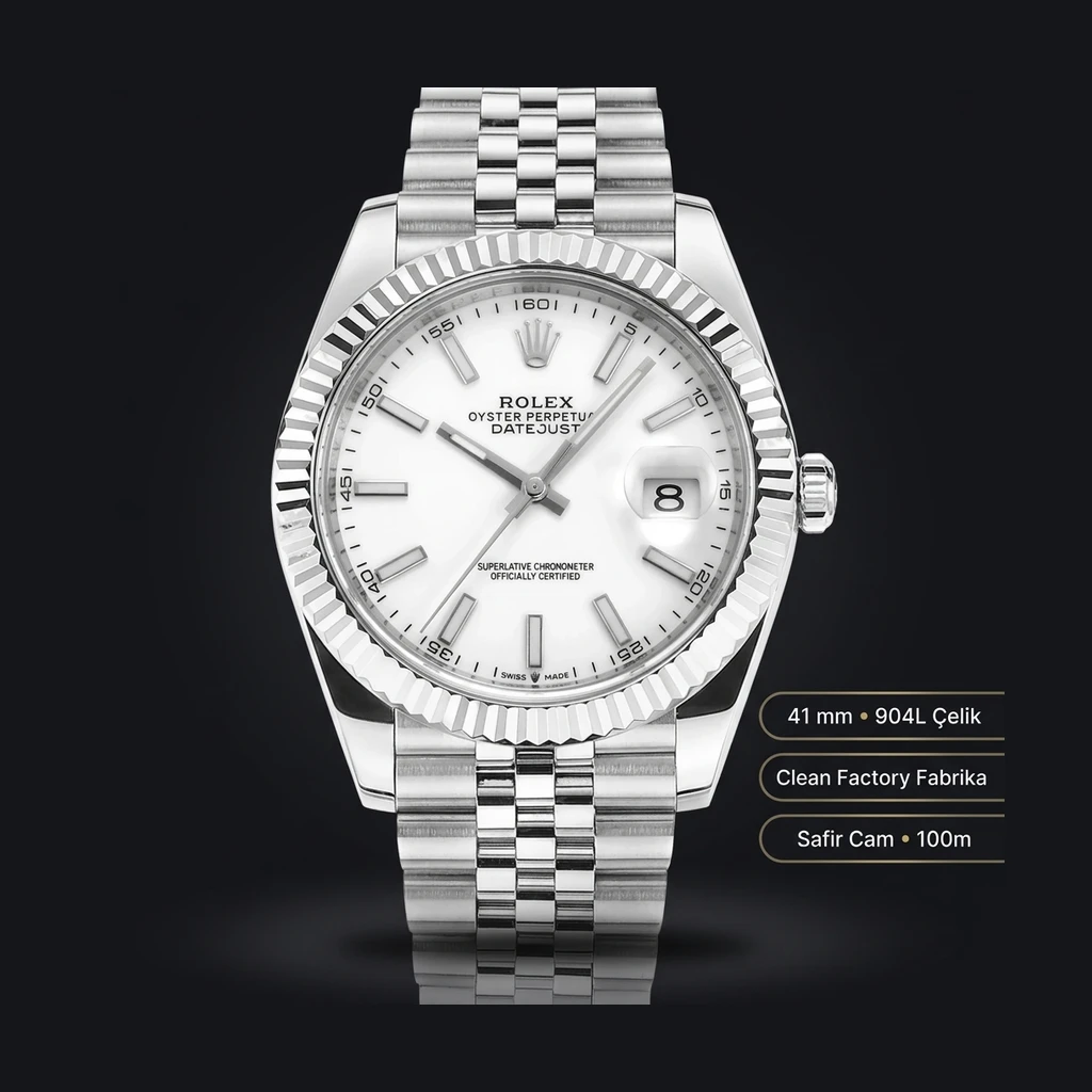 Rolex Datejust 41 mm 126334 Beyaz Kadranlı Jubilee Bilezik Fluted (Yivli) Bezel 3235 Super Clone ETA Saat