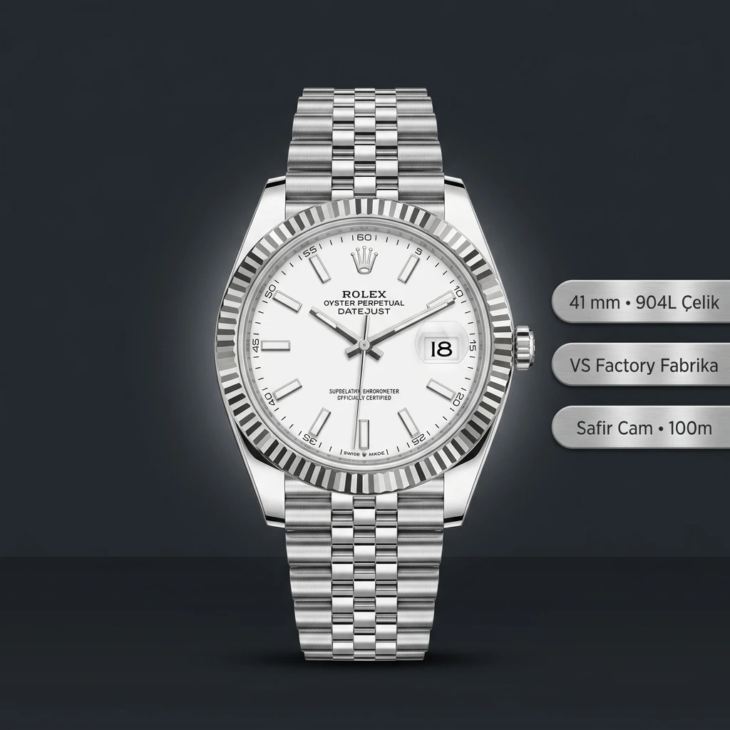 Rolex Datejust 41 mm 126334 Beyaz Kadranlı Jubilee Bilezik Fluted (Yivli) Bezel VSF V2 Super Clone ETA Saat