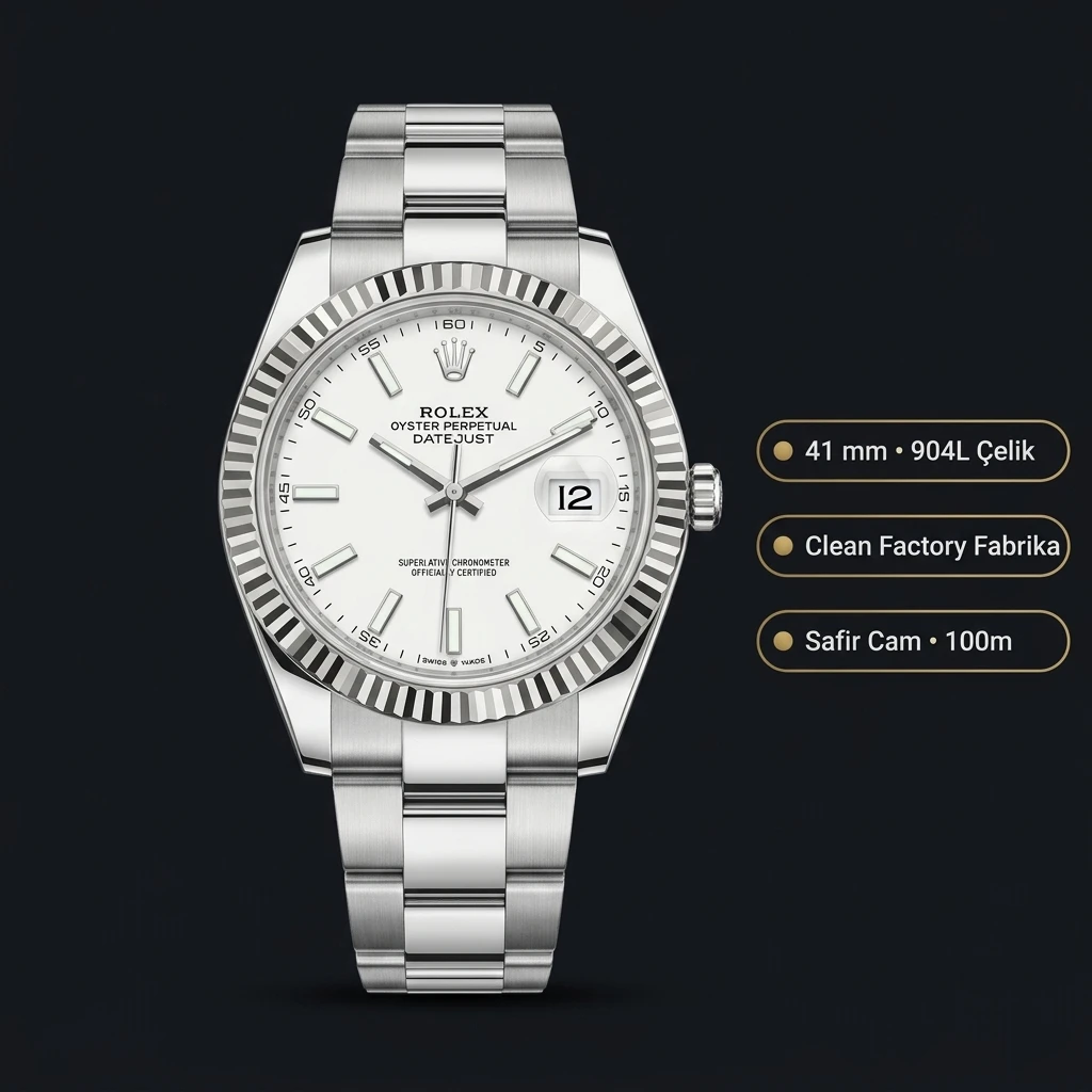 Rolex Datejust 41 mm 126334 Beyaz Kadranlı Oyster Bilezik Fluted (Yivli) Bezel Super Clone ETA Saat