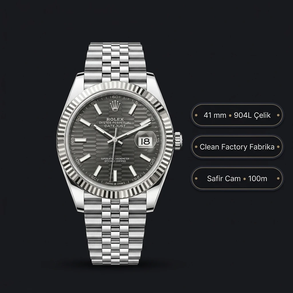 Rolex Datejust 41 mm 126334 Fluted Motif Rhodium Kadranlı Jubilee Bilezik Fluted (Yivli) Bezel 3235 Super Clone ETA Saat
