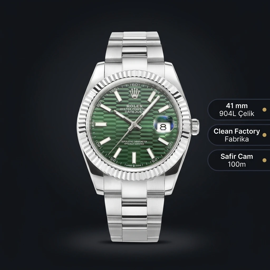 Rolex Datejust 41 mm 126334 Fluted Motif Yeşil Kadranlı Oyster Bilezik Fluted (Yivli) Bezel 3235 Super Clone ETA Saat
