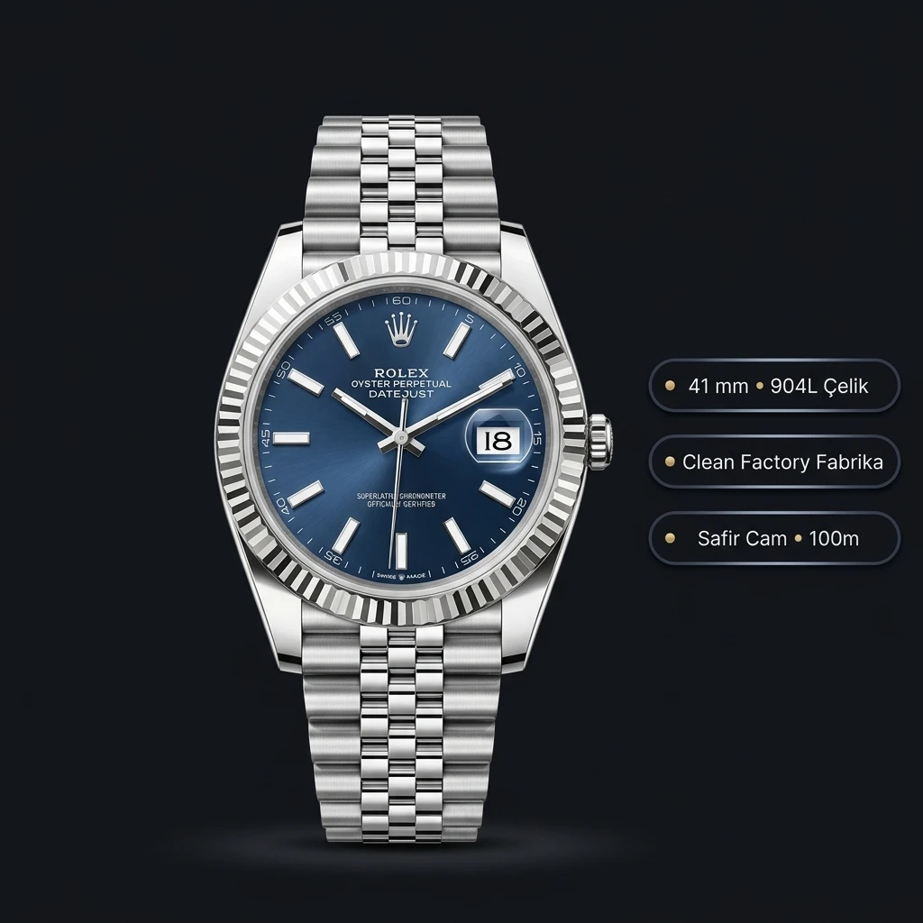 Rolex Datejust 41 mm 126334 Lacivert Kadranlı Jubilee Bilezik Fluted (Yivli) Bezel 3235 Super Clone ETA Saat