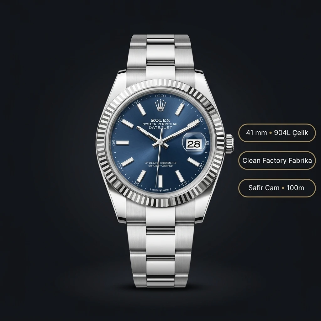 Rolex Datejust 41 mm 126334 Lacivert Kadranlı Oyster Bilezik Fluted (Yivli) Bezel 3235 Super Clone ETA Saat