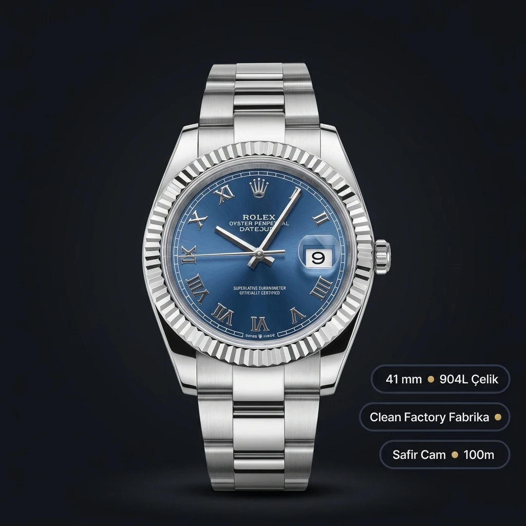 Rolex Datejust 41 mm 126334 Mavi Kadranlı Oyster Bilezik Fluted (Yivli) Bezel 3235 Super Clone ETA Saat