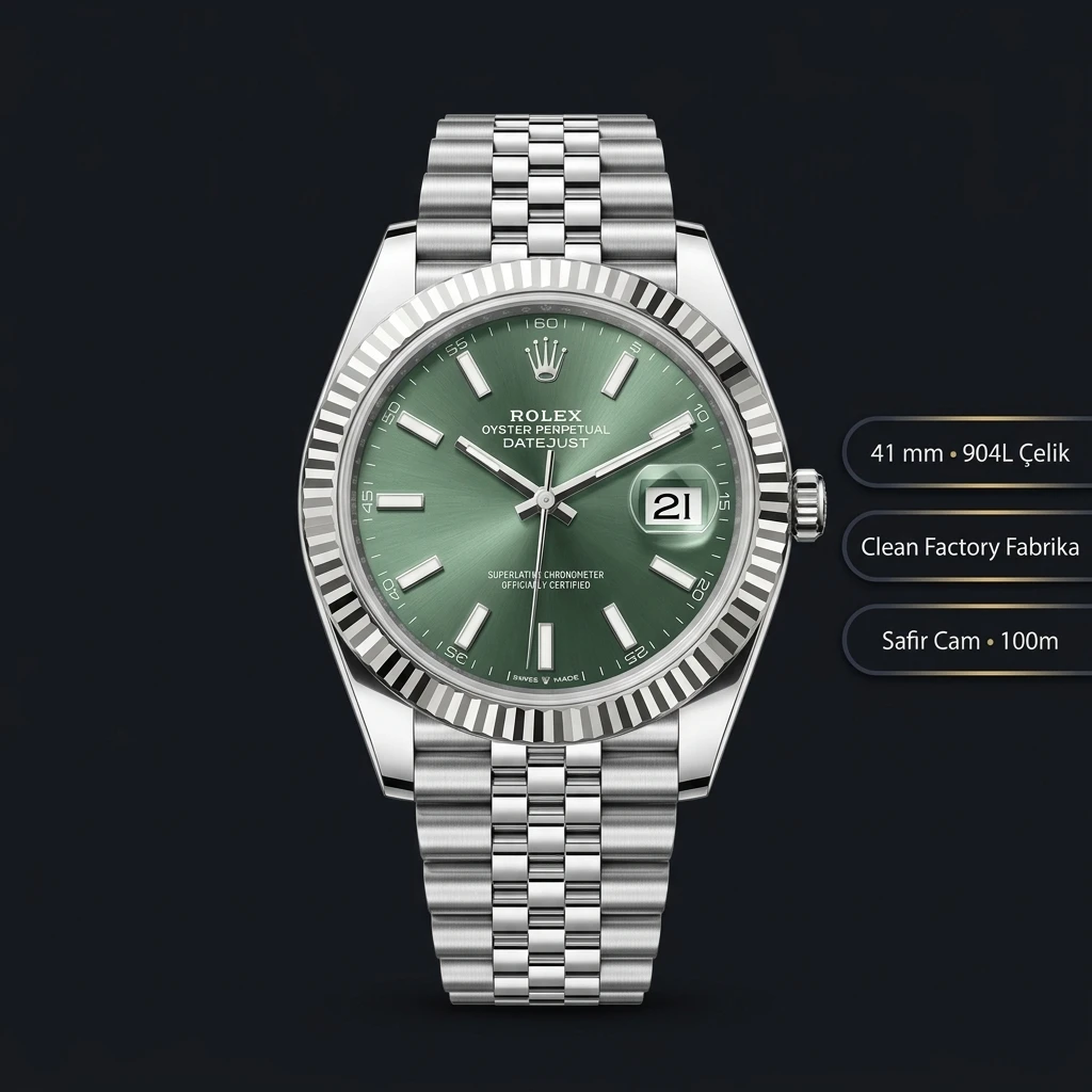 Rolex Datejust 41 mm 126334 Mint Yeşil Kadranlı Jubilee Bilezik Fluted (Yivli) Bezel 3235 Super Clone ETA Saat