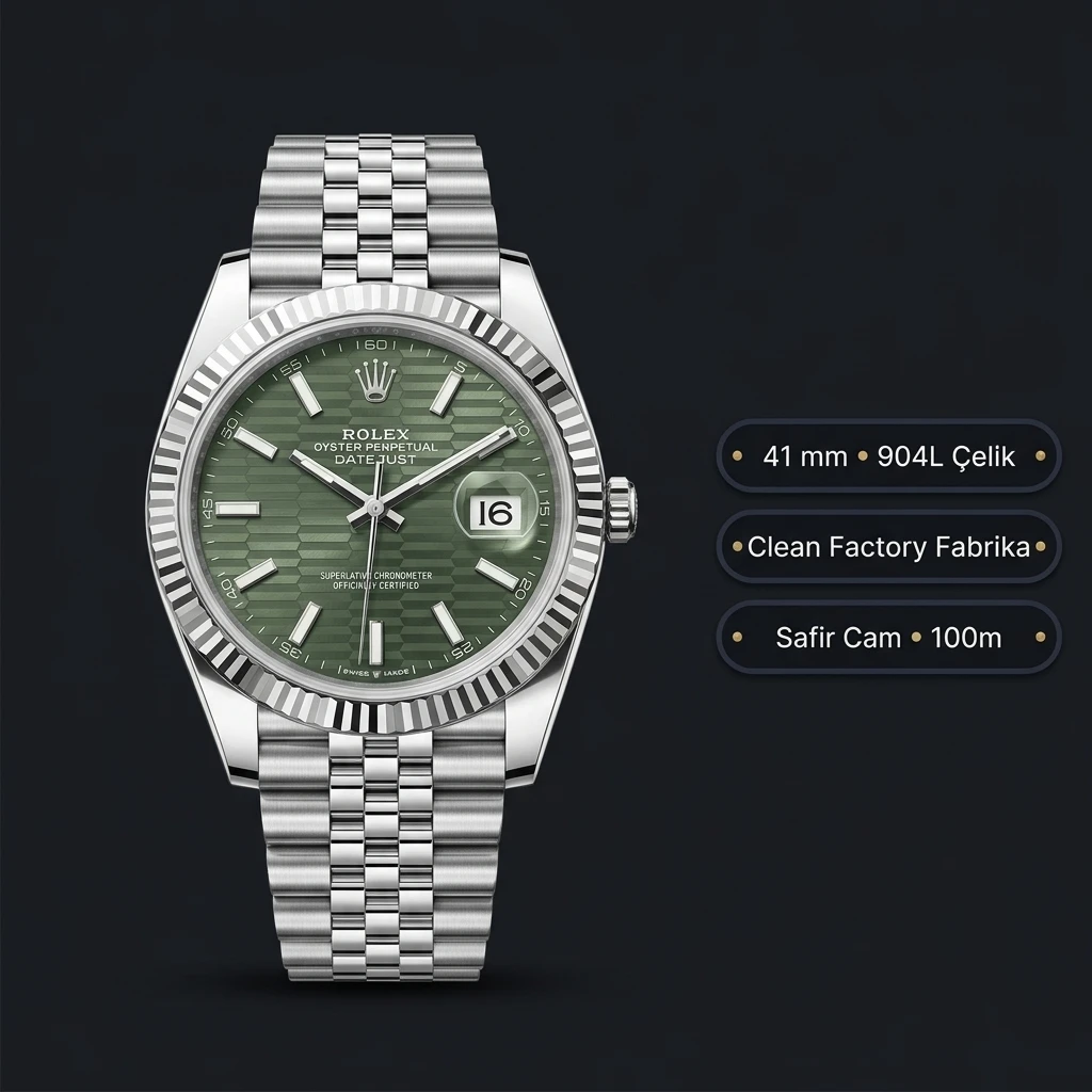 Rolex Datejust 41 mm 126334 Palm Motif Yeşil Kadranlı Jubilee Bilezik Fluted (Yivli) Bezel 3235 Super Clone ETA Saat