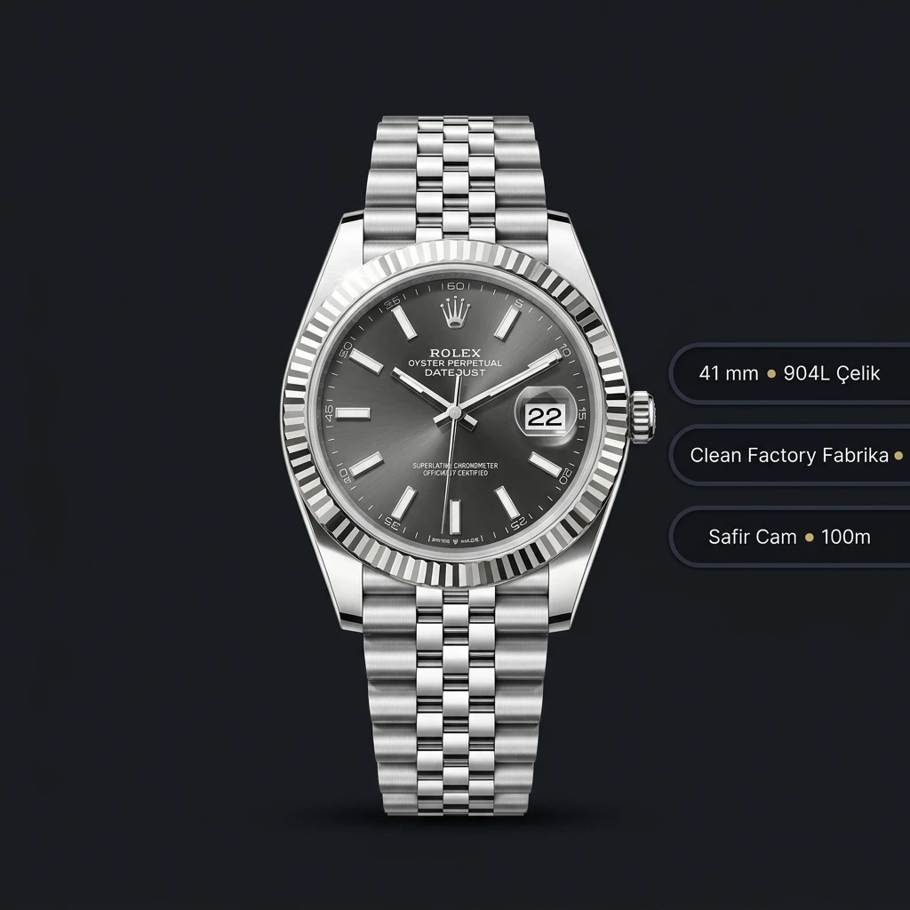 Rolex Datejust 41 mm 126334 Rhodium Kadranlı Jubilee Bilezik Fluted (Yivli) Bezel 3235 Super Clone ETA Saat