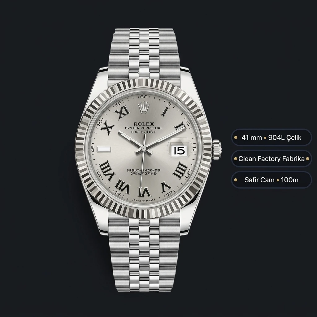 Rolex Datejust 41 mm 126334 Roma Rakamlı Gümüş Kadranlı Jubilee Bilezik Fluted (Yivli) Bezel 3235 Super Clone ETA Saat