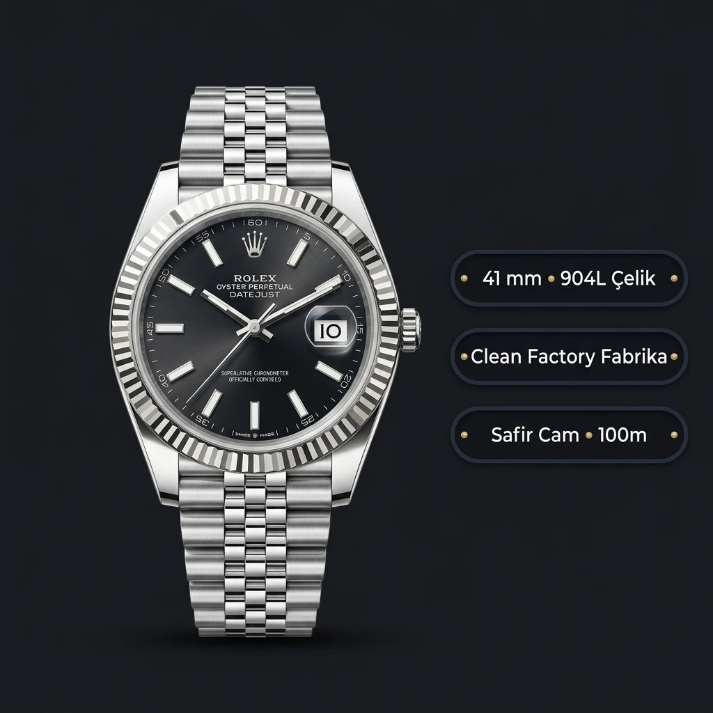 Rolex Datejust 41 mm 126334 Siyah Kadranlı Jubilee Bilezik Fluted (Yivli) Bezel 3235 Super Clone ETA Saat