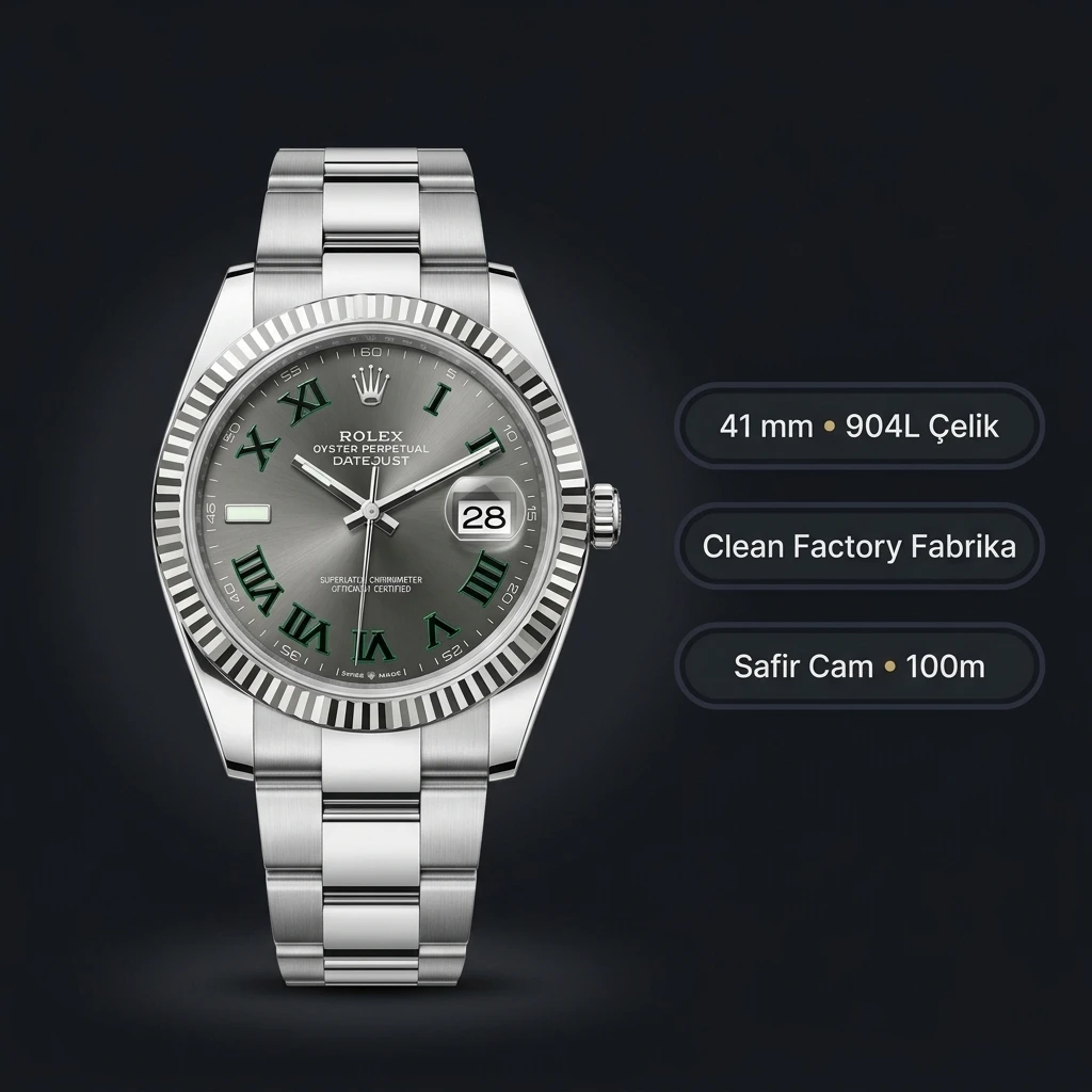 Rolex Datejust 41 mm 126334 Wimbledon Rhodium Kadranlı Oyster Bilezik Fluted (Yivli) Bezel 3235 Super Clone ETA Saat