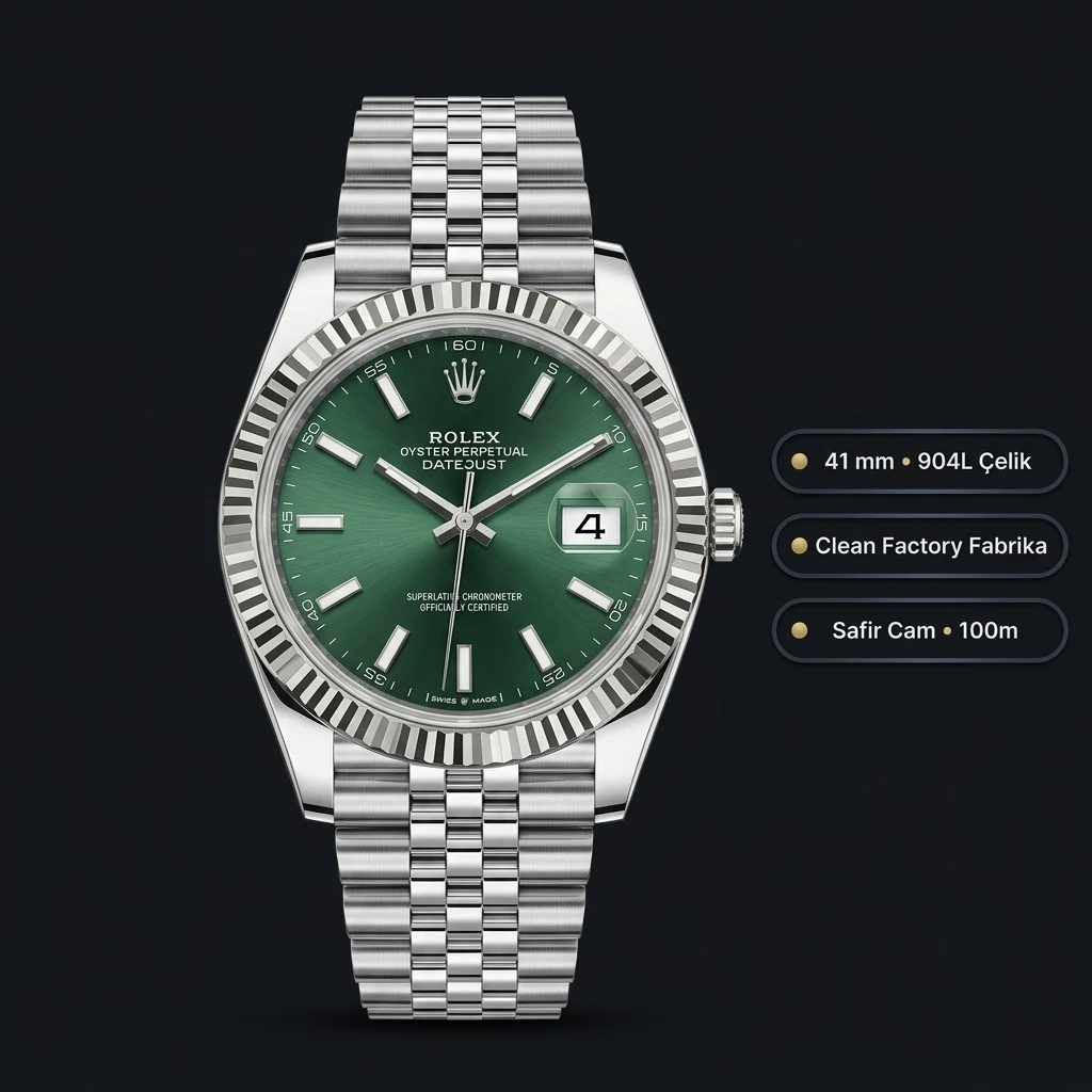 Rolex Datejust 41 mm 126334 Yeşil Kadranlı Jubilee Bilezik Fluted (Yivli) Bezel 3235 Super Clone ETA Saat