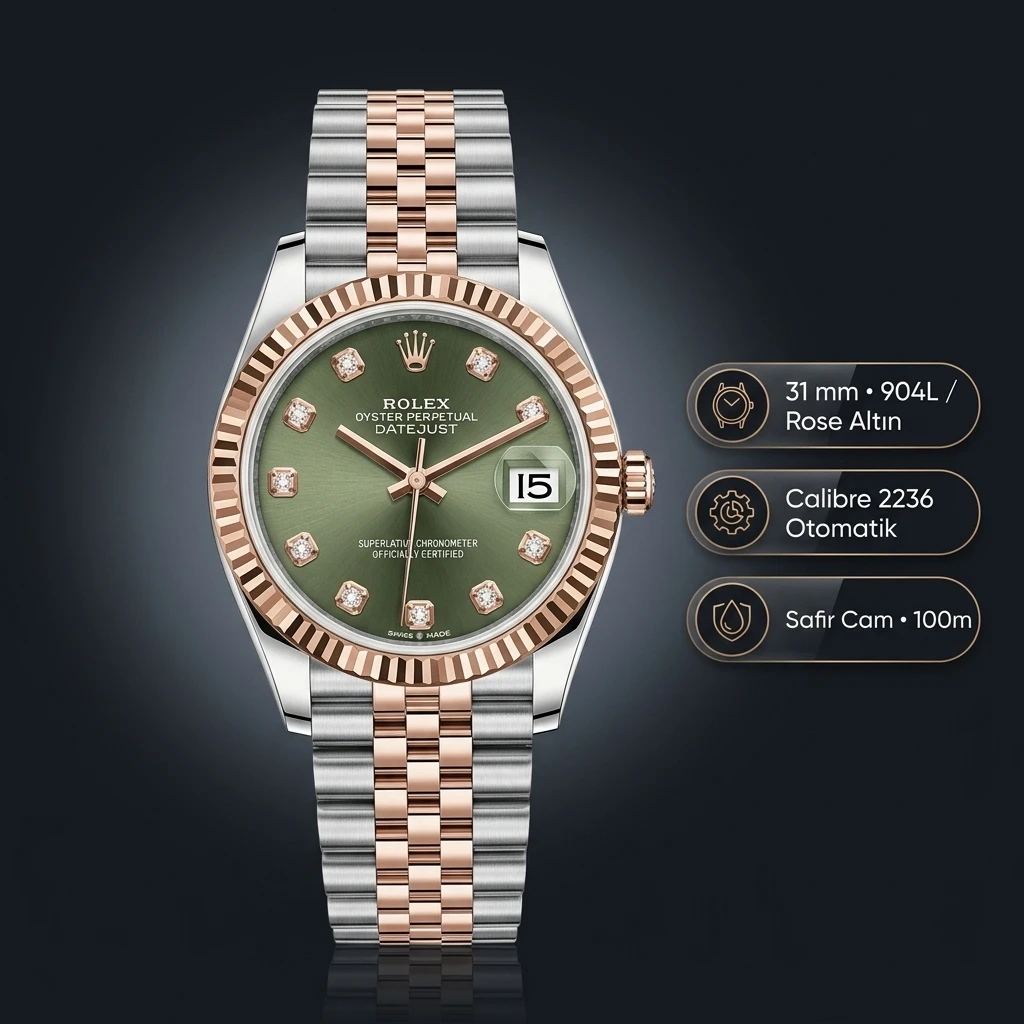 Rolex Datejust 31 mm 278271 Diamond İndeksli Yeşil Kadranlı Jubilee Bilezik Fluted (Yivli) Bezel 2236 Super Clone ETA Saat