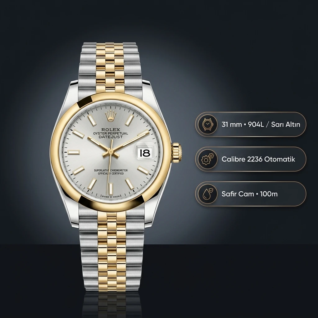 Rolex Datejust 31 mm 278273 Diamond İndeksli Gümüş Kadranlı Jubilee Bilezik Fluted (Yivli) Bezel 2236 Super Clone ETA Saat