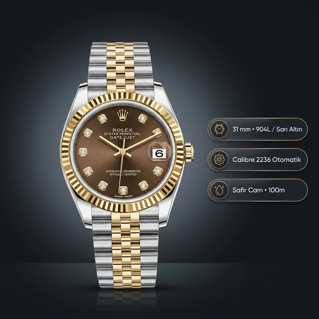 Rolex Datejust 31 mm 278273 Diamond İndeksli Kahve Kadranlı Jubilee Bilezik Fluted (Yivli) Bezel 2236 Super Clone ETA Saat
