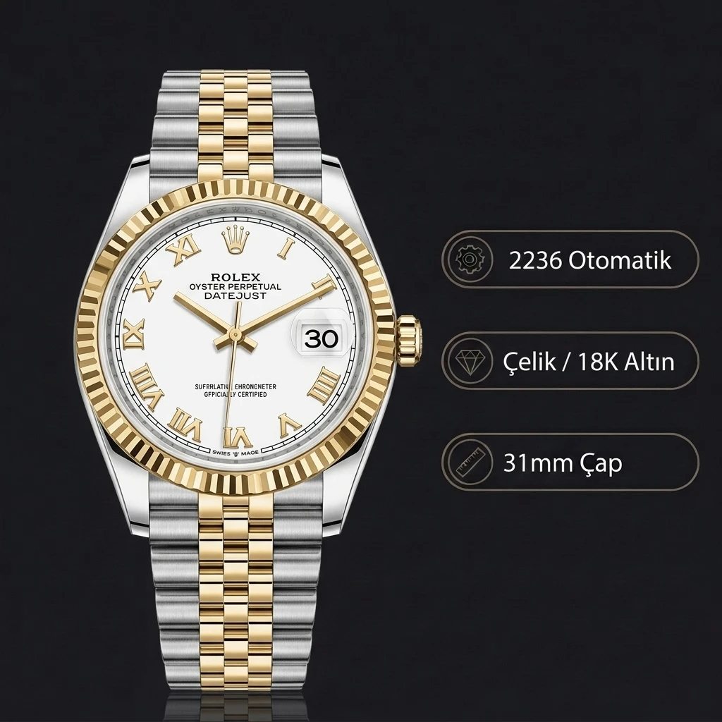 Rolex Datejust 31 mm 278273 Roma Rakamlı Beyaz Kadranlı Oyster Bilezik Fluted (Yivli) Bezel 2236 Super Clone ETA Saat