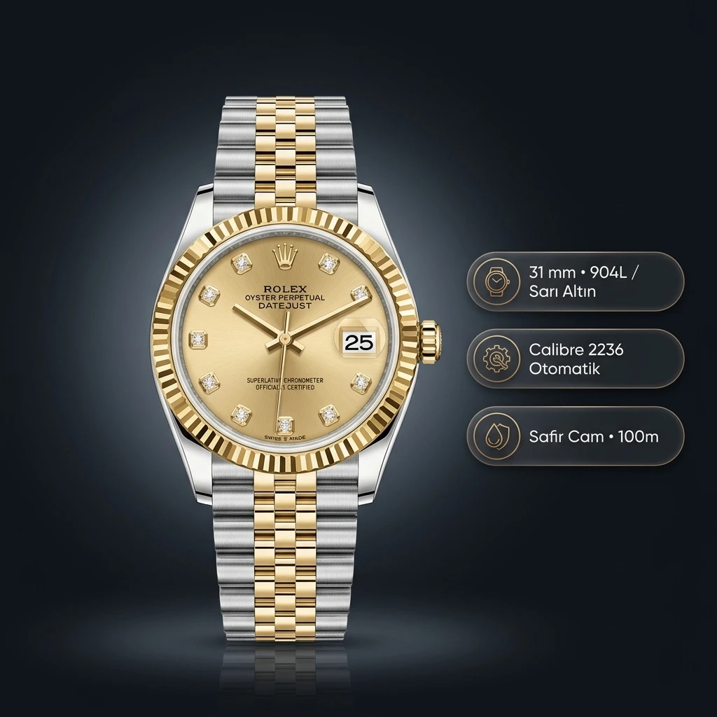 Rolex Datejust 31 mm 278273 Şampanya Kadranlı Jubilee Bilezik Fluted (Yivli) Bezel 2236 Super Clone ETA Saat