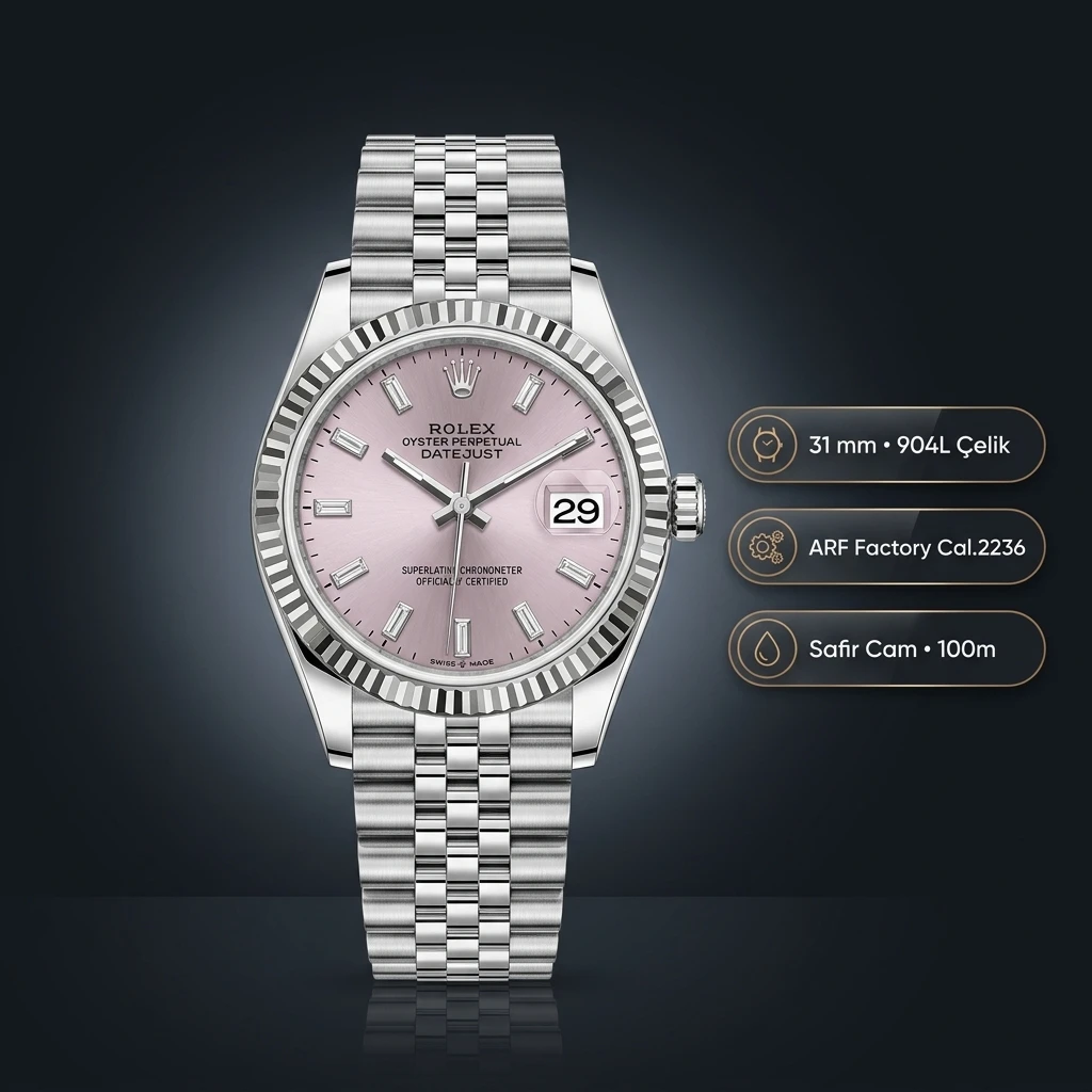 Rolex Datejust 31 mm 278274 Diamond İndeksli Rose Kadranlı Jubilee Bilezik Fluted (Yivli) Bezel 2236 Super Clone ETA Saat