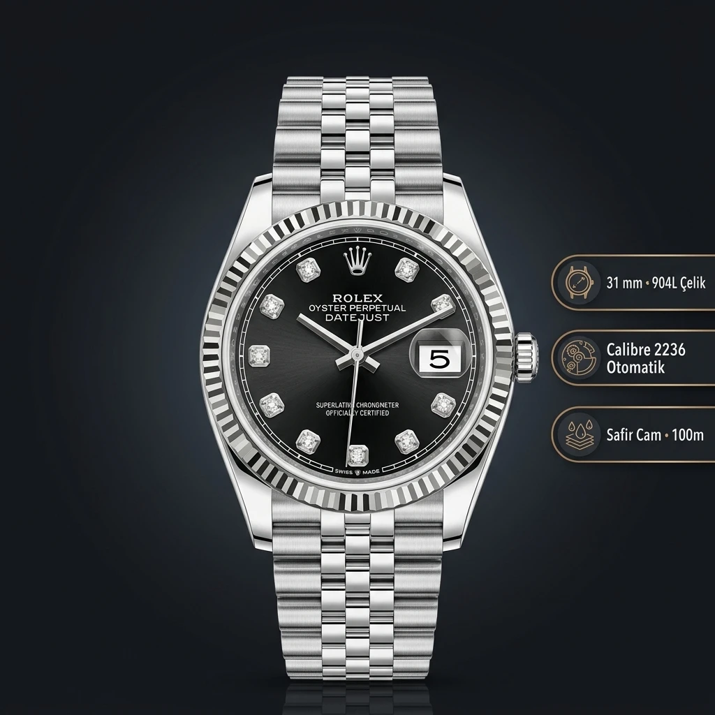 Rolex Datejust 31 mm 278274 Diamond İndeksli Siyah Kadranlı Jubilee Bilezik Fluted (Yivli) Bezel 2236 Super Clone ETA Saat