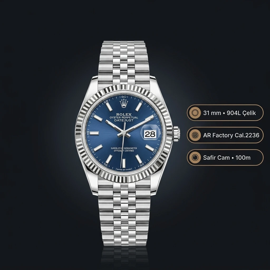 Rolex Datejust 31 mm 278274 Lacivert Kadranlı Jubilee Bilezik Fluted (Yivli) Bezel 2236 Super Clone ETA Saat