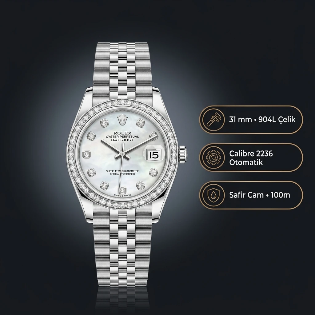Rolex Datejust 31 mm Diamond İndeksli Beyaz Sedef Kadranlı Jubilee Bilezik Diamond Taşlı Bezel 2236 Super Clone ETA Saat