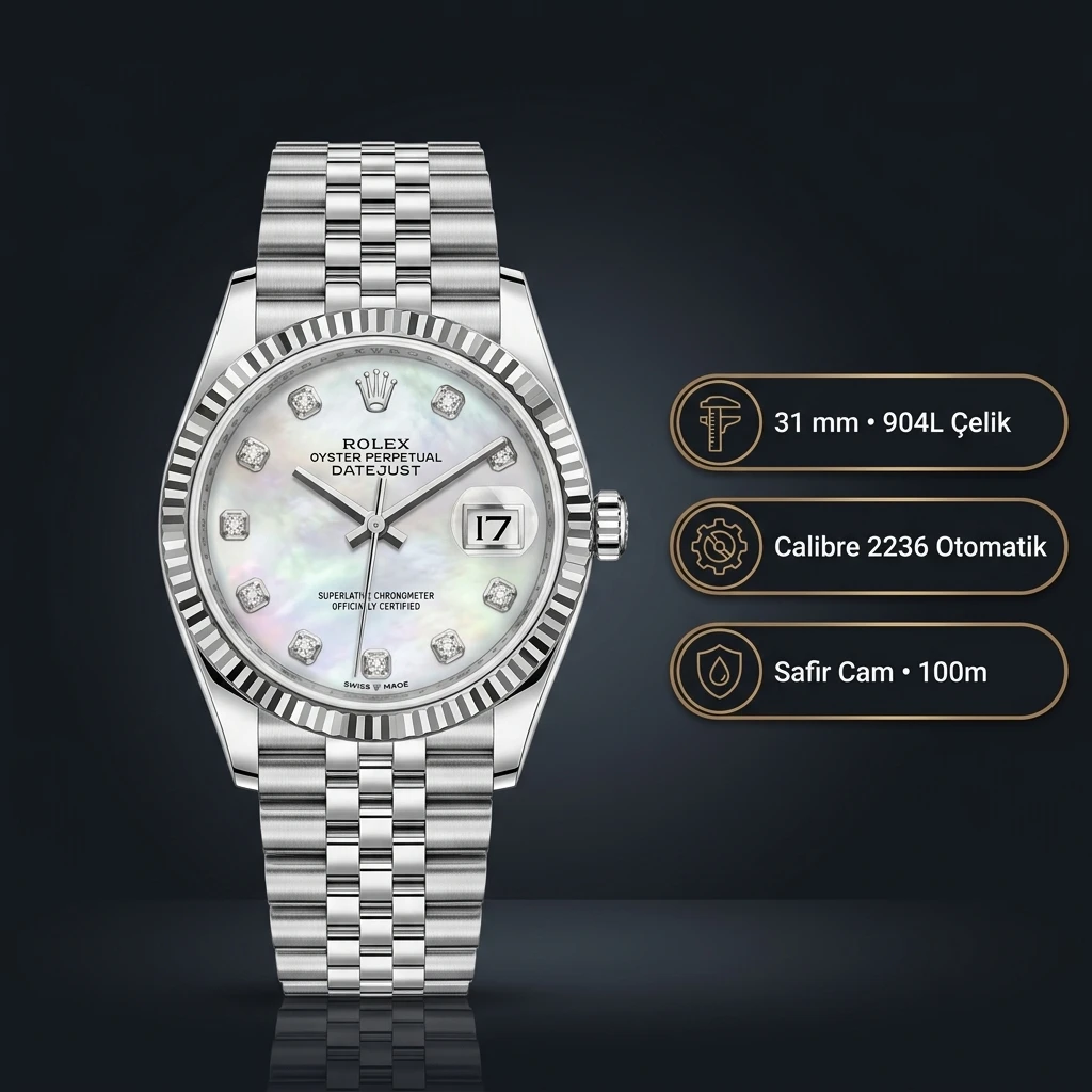 Rolex Datejust 31 mm Diamond İndeksli Mavi Sedef Kadranlı Jubilee Bilezik Diamond Taşlı Bezel 2236 Super Clone ETA Saat