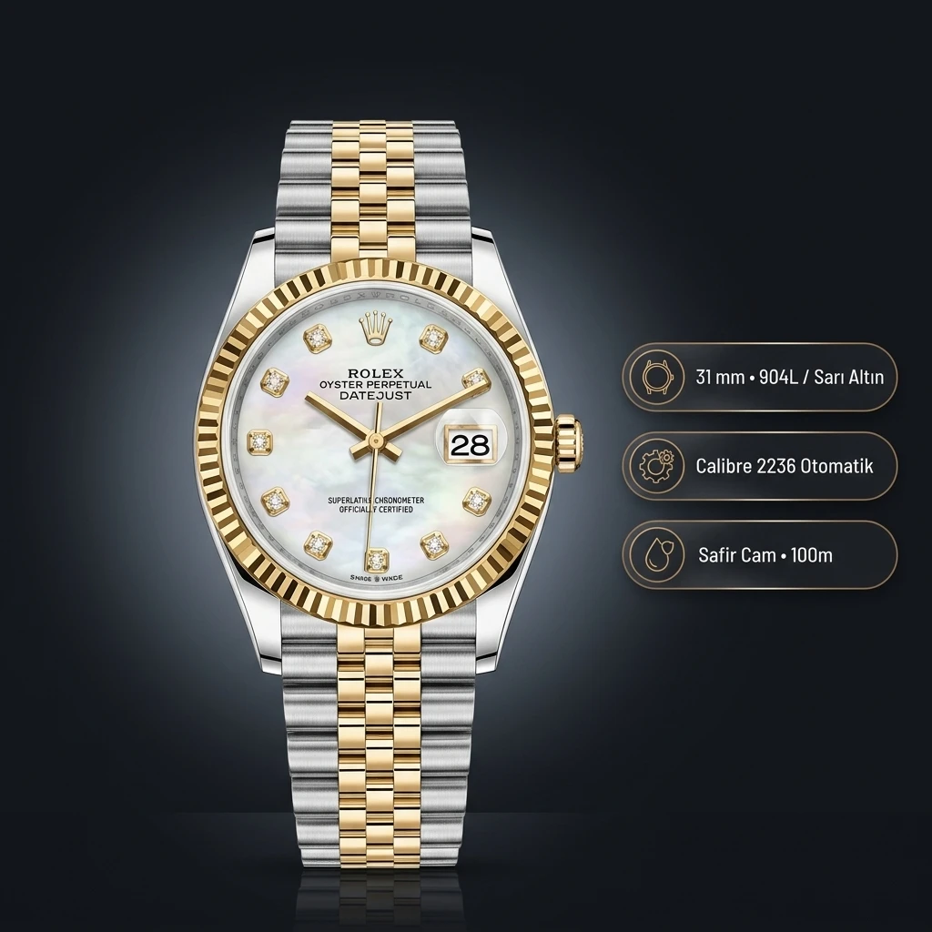 Rolex Datejust 31 mm Diamond İndeksli Sedef Kadranlı Yellow Rolesor Jubilee Bilezik Özel Taşlı Bezel 2236 Super Clone ETA Saat