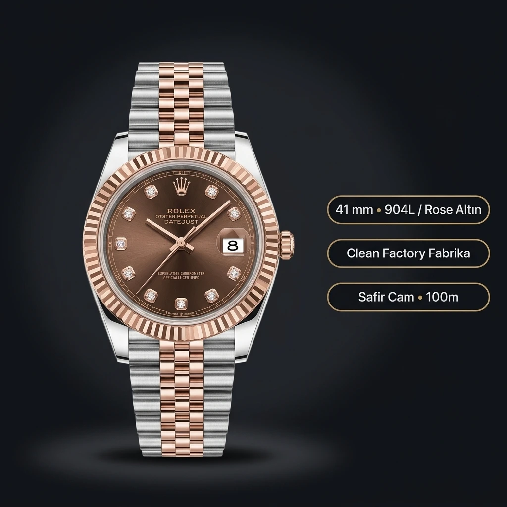 Rolex Datejust 41 mm Kahve Kadranlı Özel Taşlı President Bilezik (Özel Varyant) Fluted (Yivli) Bezel 3235 Super Clone ETA Saat