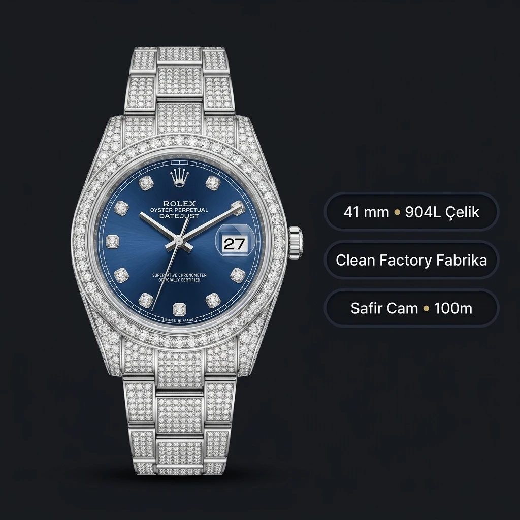 Rolex Datejust 41 mm Mavi Kadranlı Özel Taşlı Oyster Bilezik Diamond Taşlı Bezel 3235 Super Clone ETA Saat