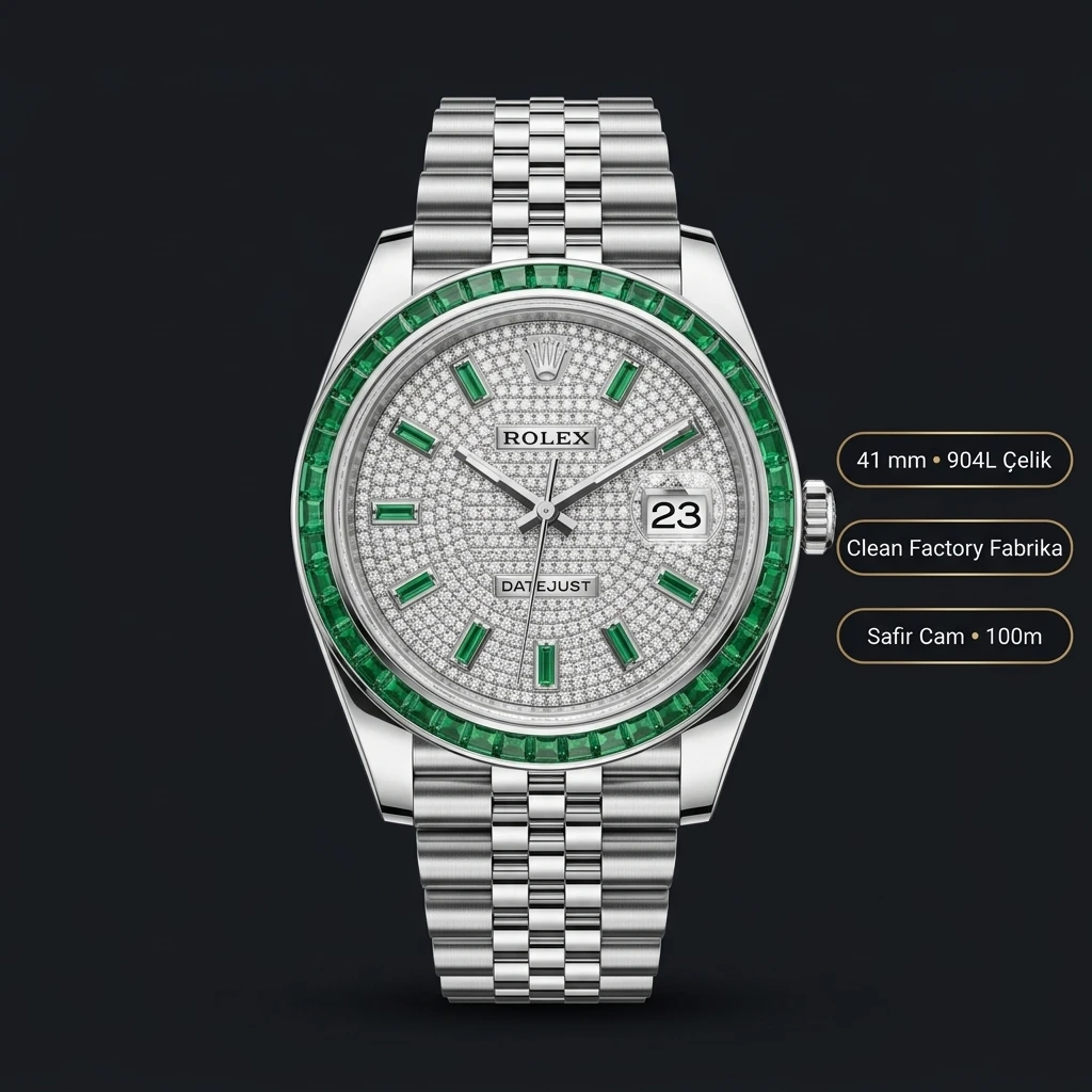 Rolex Datejust 41 mm Pave Baget İndeksli Yeşil Bezel Super Clone ETA Saat