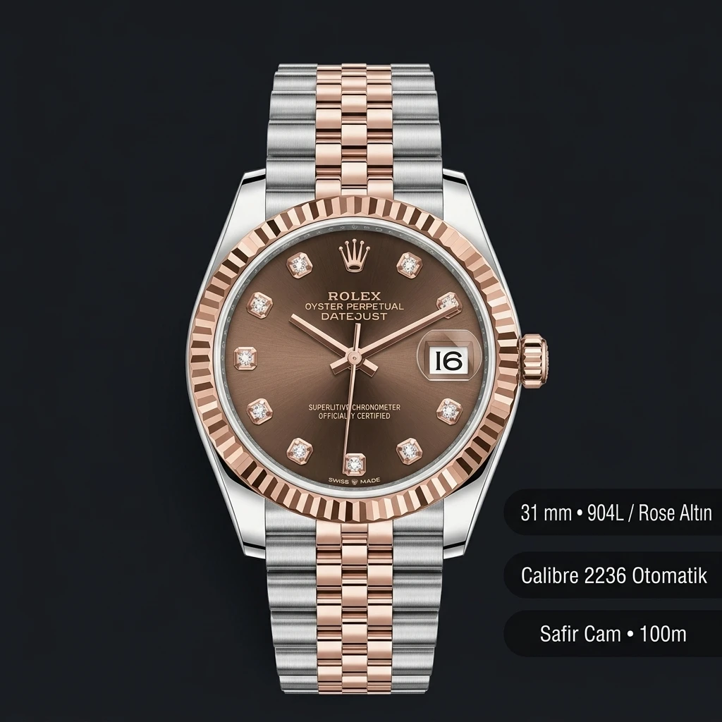 Rolex Day-Date 31 mm Kahve Kadran Everose Diamond Super Clone ETA Saat