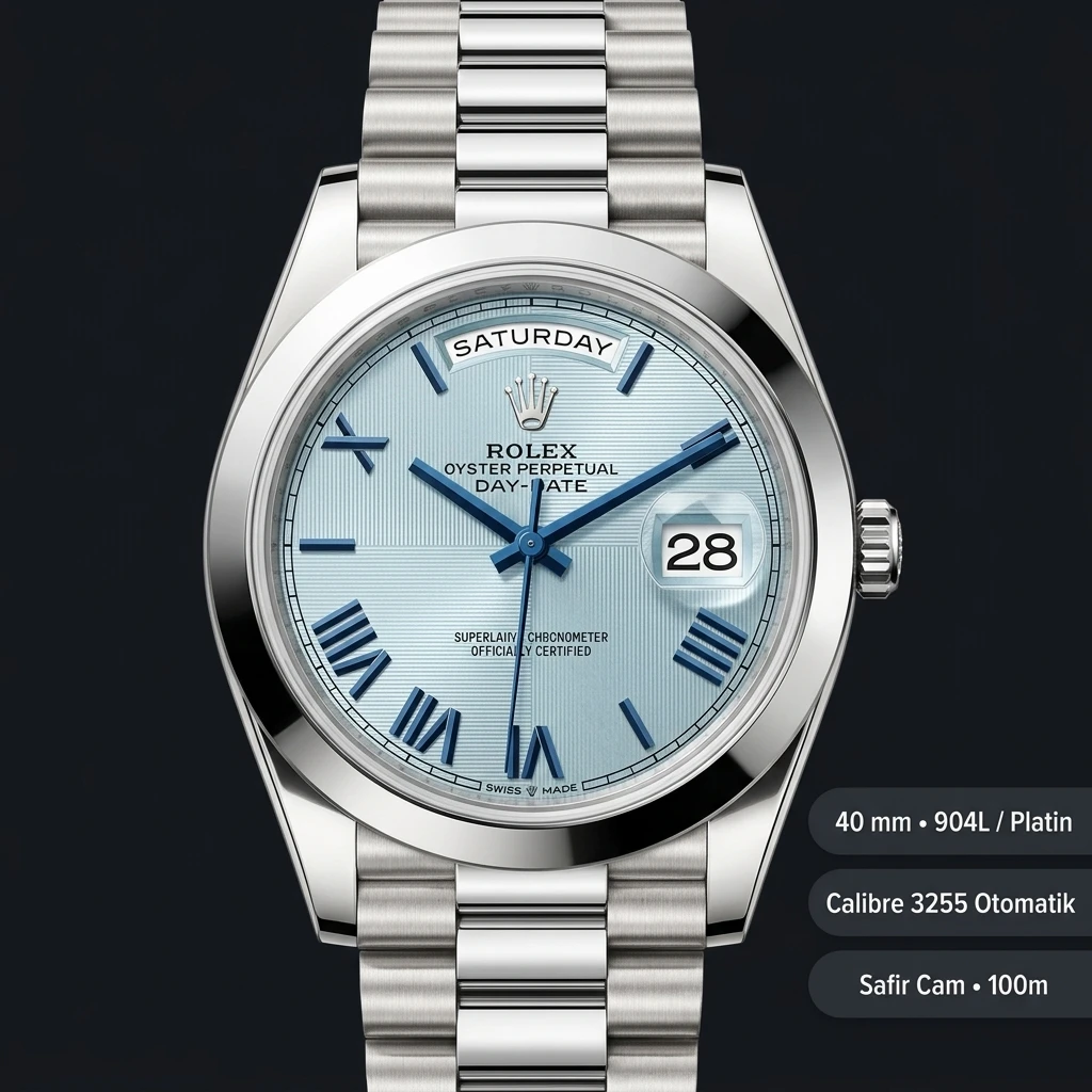 Rolex Day-Date 40 mm 228206 Buz Mavisi Kadran Platin President Super Clone Eta Saat