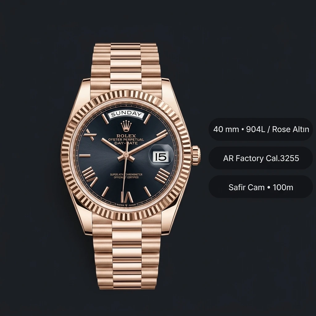 Rolex Day-Date 40 mm 228235 Mavi Kadran Everose President Super Clone Eta Saat