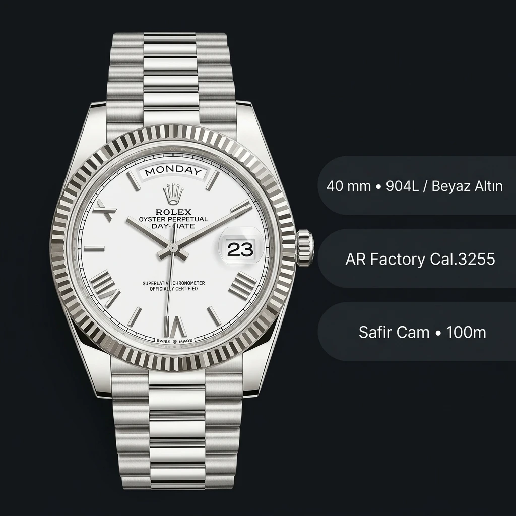 Rolex Day-Date 40 mm 228238 Beyaz Roma Kadran Sarı Altın President Super Clone Eta Saat