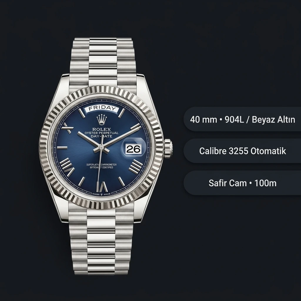 Rolex Day-Date 40 mm 228238 Mavi Kadran Sarı Altın President Super Clone Eta Saat