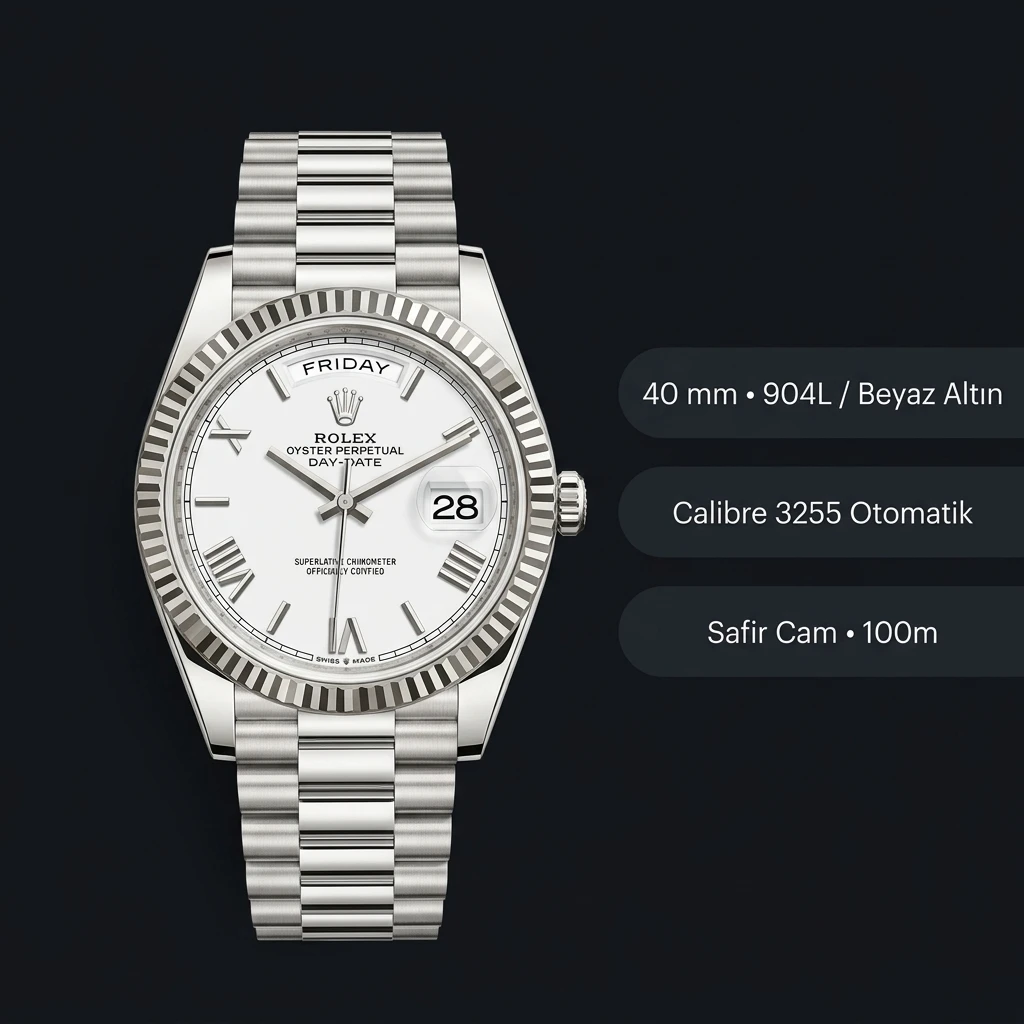 Rolex Day-Date 40 mm 228238 Roma Rakamlı Beyaz Kadranlı Sari Altin President Fluted Bezel Super Clone ETA Saat