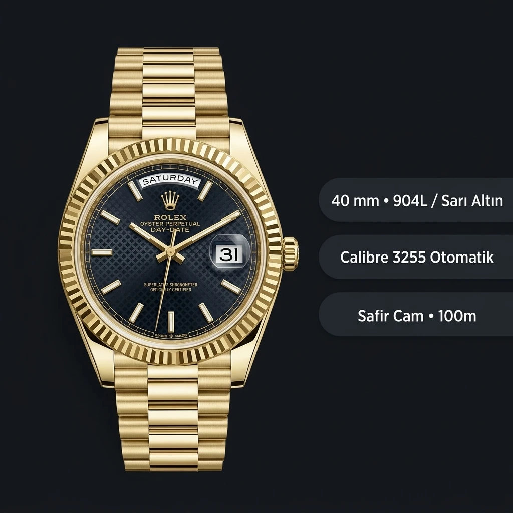 Rolex Day-Date 40 mm 228238 Sunburst Mavi Kadranlı Sari Altin President Fluted Bezel Super Clone ETA Saat