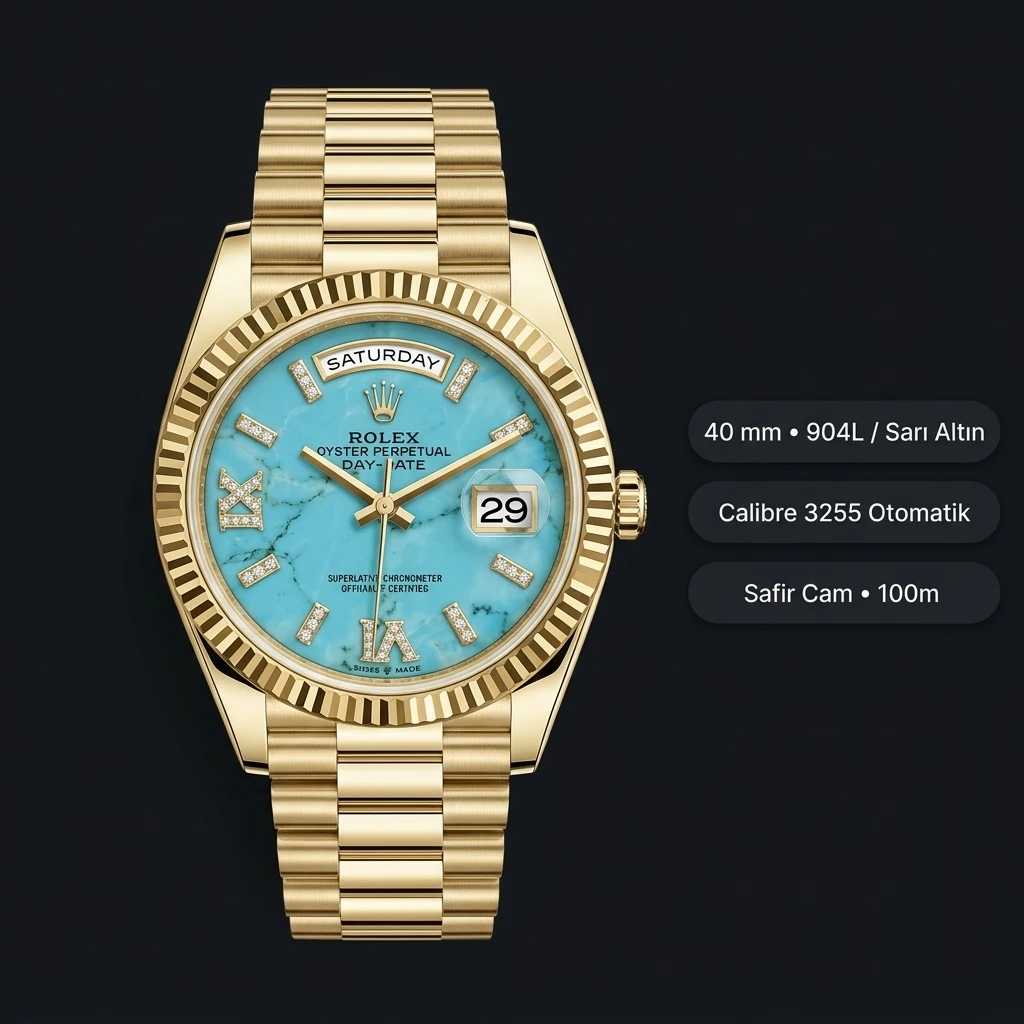 Rolex Day-Date 40 mm 228238 Turkuaz Kadran Sarı Altın President Super Clone Eta Saat