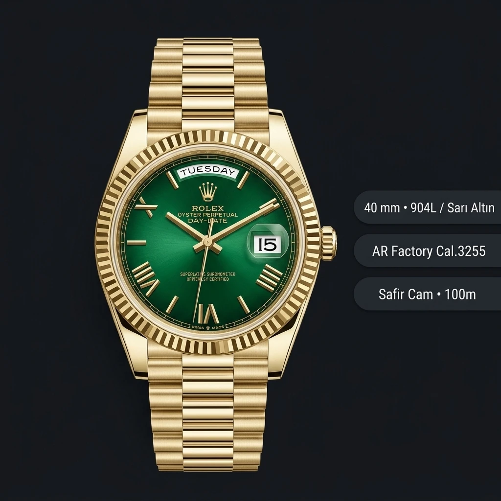 Rolex Day-Date 40 mm 228238 Yeşil Roma Kadran Sarı Altın President Super Clone Eta Saat