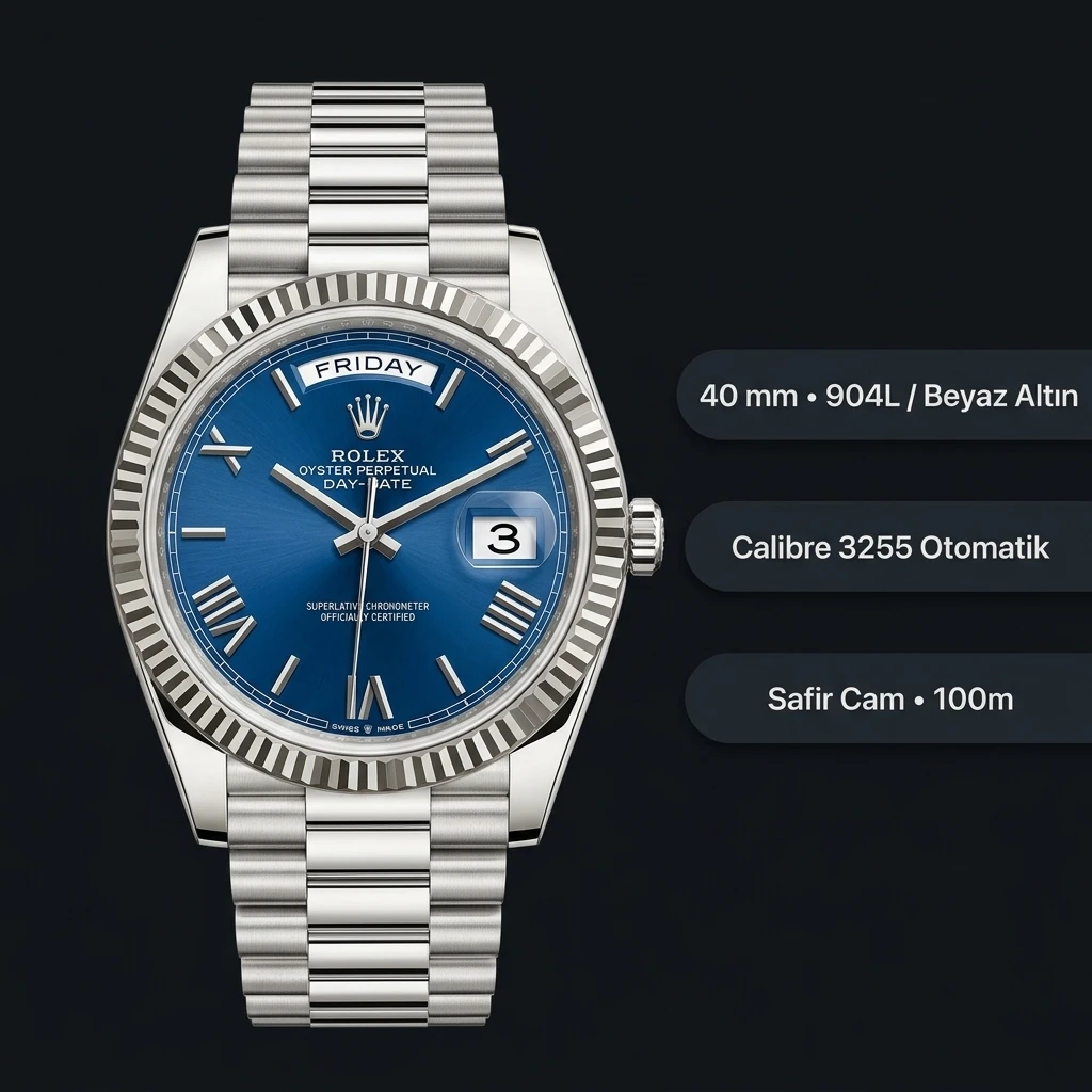 Rolex Day-Date 40 mm 228239 Mavi Kadran Beyaz Altın President Super Clone Eta Saat