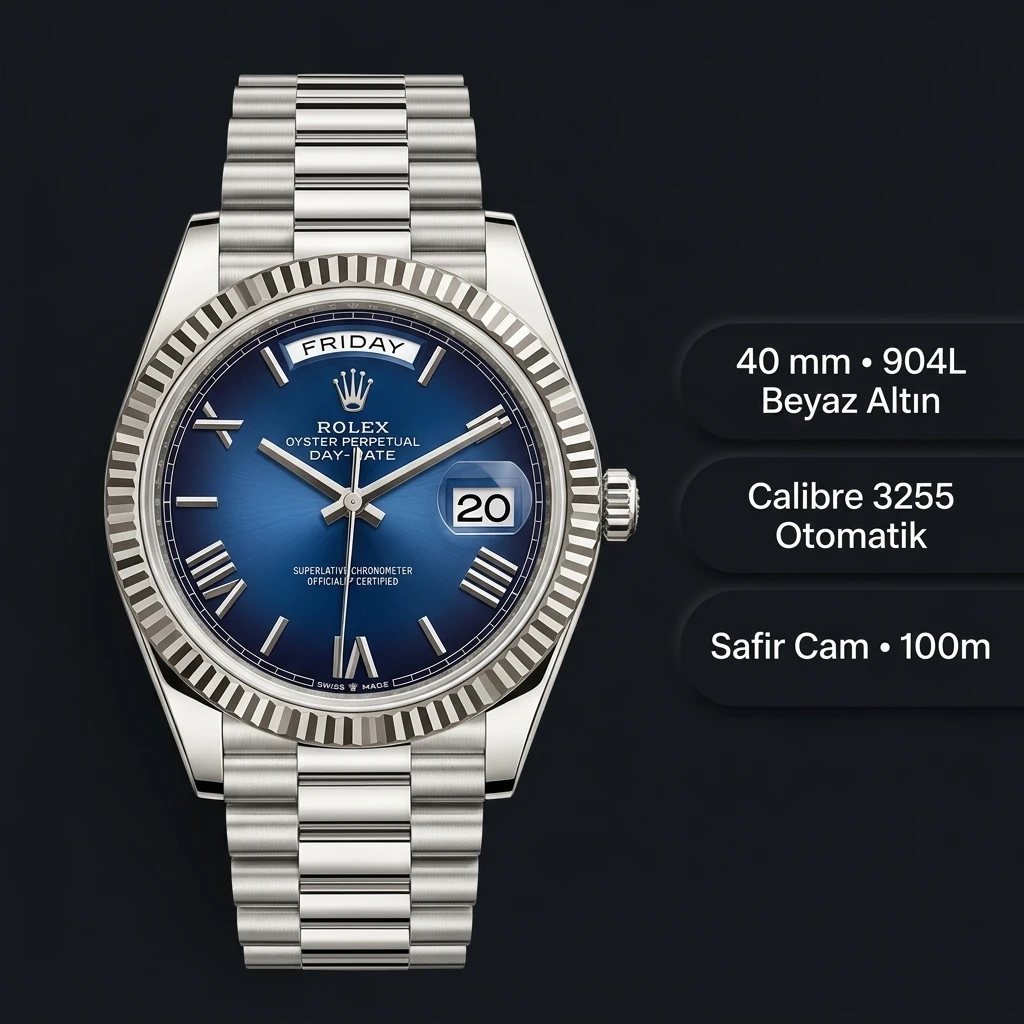 Rolex Day-Date 40 mm 228239 Mavi Roma Kadran Beyaz Altın President Super Clone Eta Saat