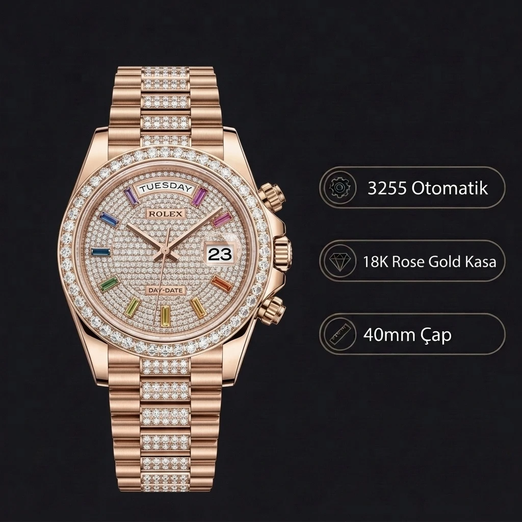 Rolex Day-Date Pave Kadran Taşlı Bezel Rose Gold Super Clone ETA Saat