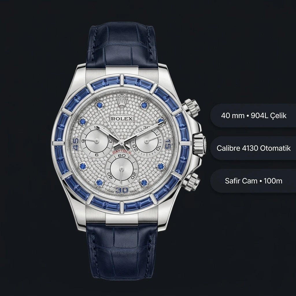 Rolex Daytona 116500LN Mavi Leather Diamond 4130 Super Clone ETA Saat