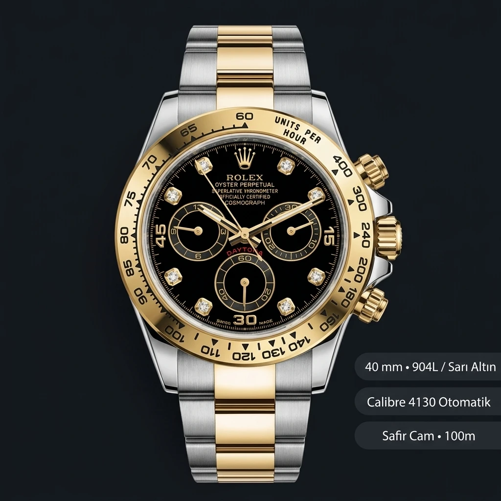 Rolex Daytona 116503 Two-Tone Siyah Diamond 4130 Super Clone ETA Saat