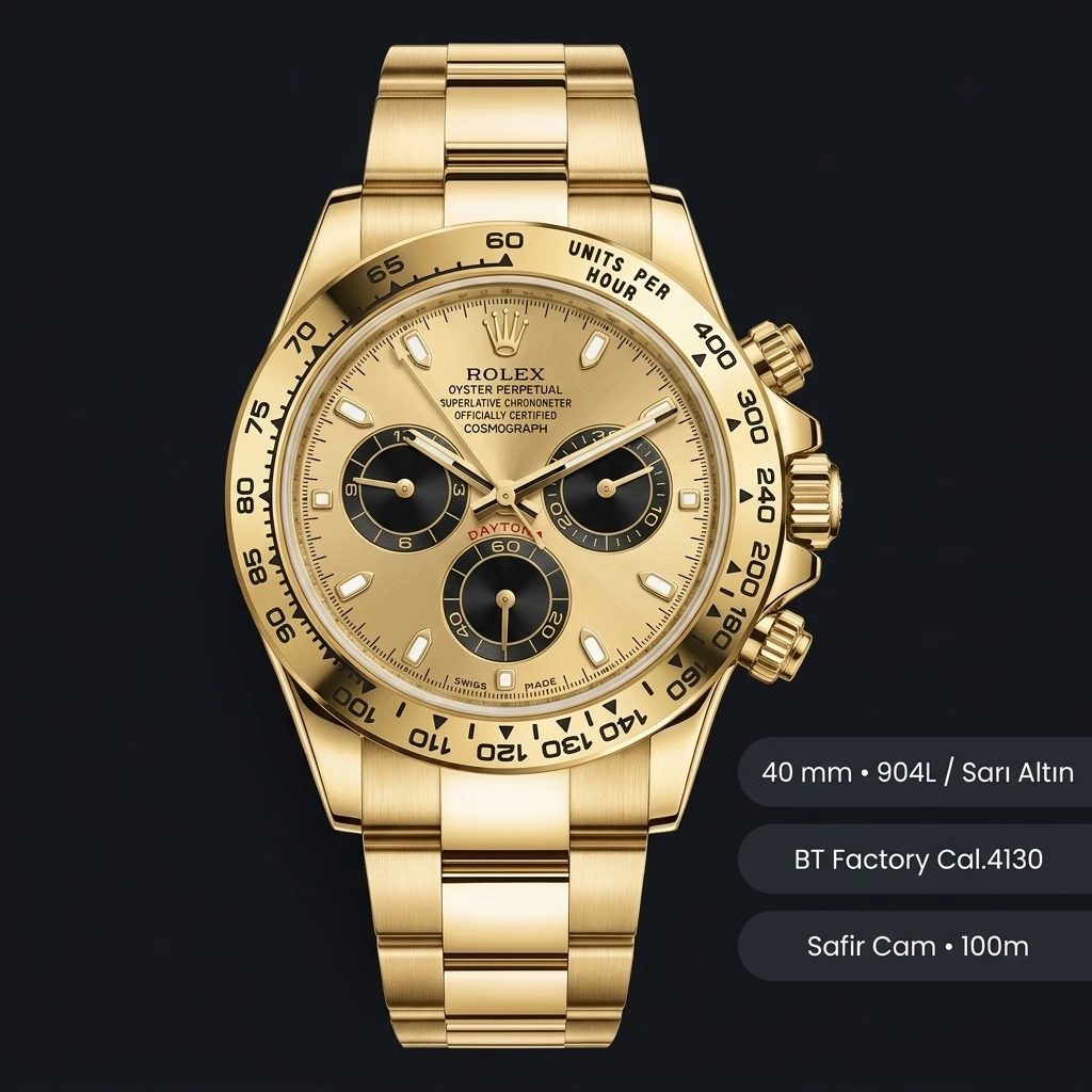 Rolex Daytona 116508 Yellow Gold Champagne 4130 Oyster Super Clone ETA Saat