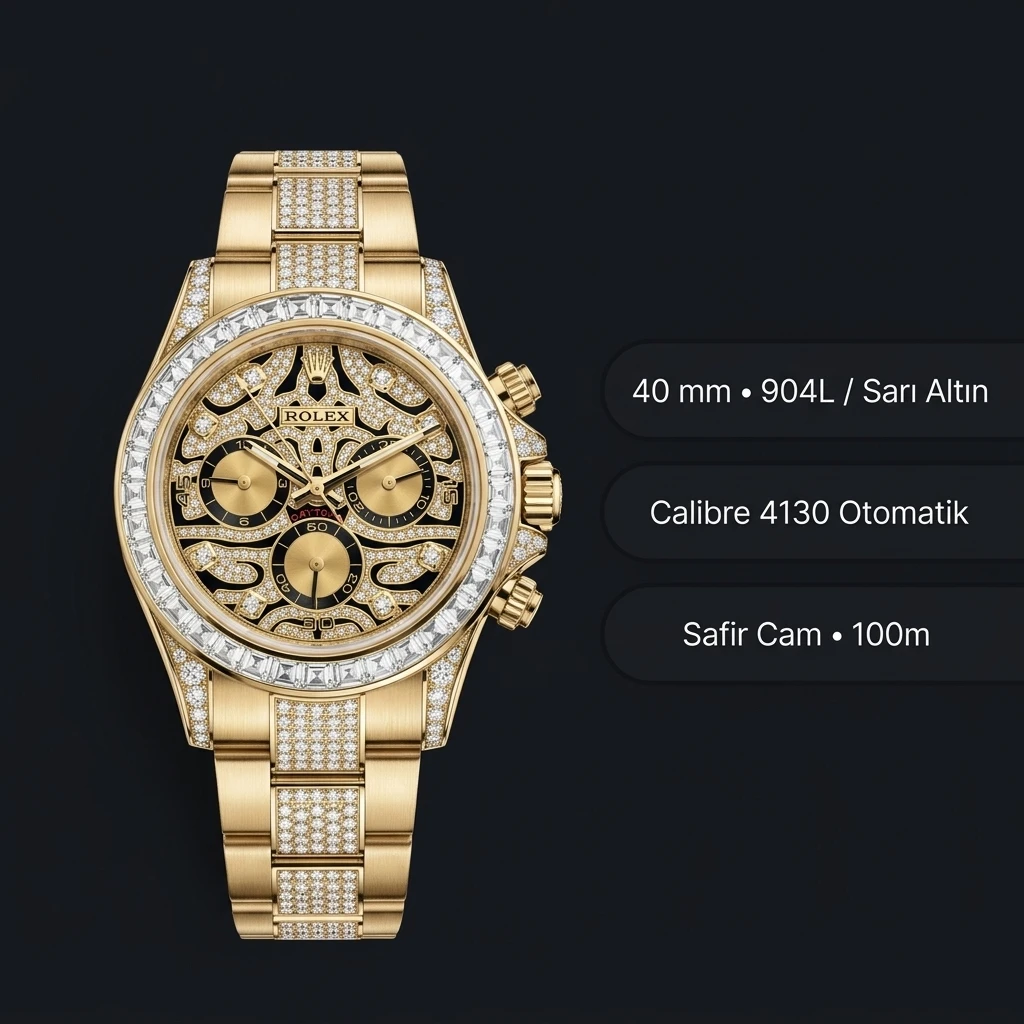 Rolex Daytona 116508 Yellow Gold Champagne Diamond 4130 Cosmograph Super Clone ETA Saat