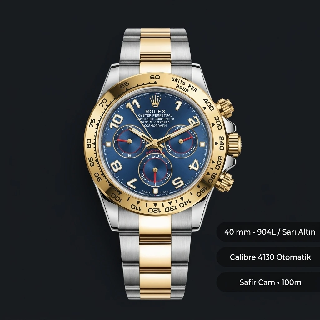 Rolex Daytona 116508 Yellow Gold Mavi 4130 Super Clone ETA Saat