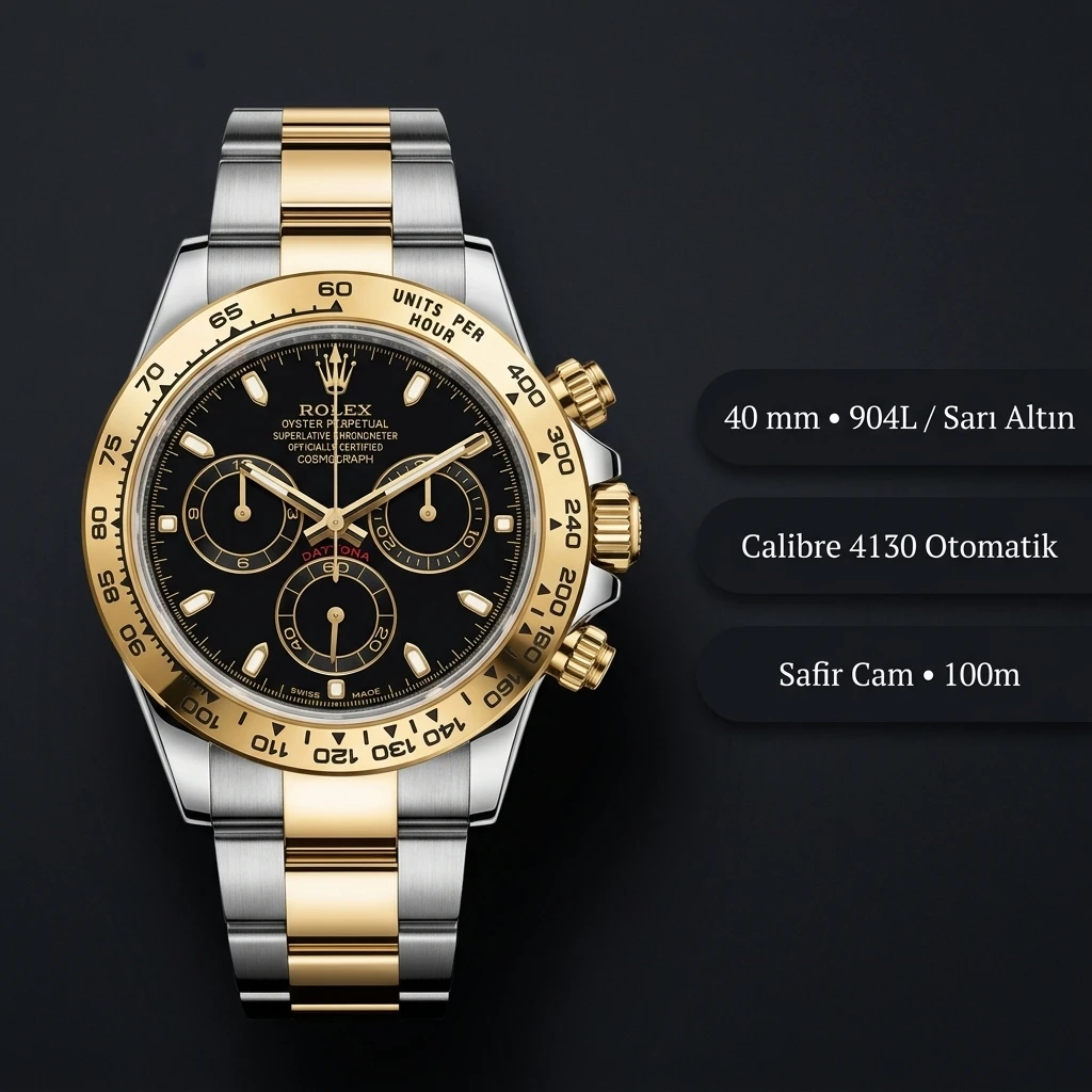 Rolex Daytona 116508 Yellow Gold Siyah 4130 Cosmograph Super Clone ETA Saat