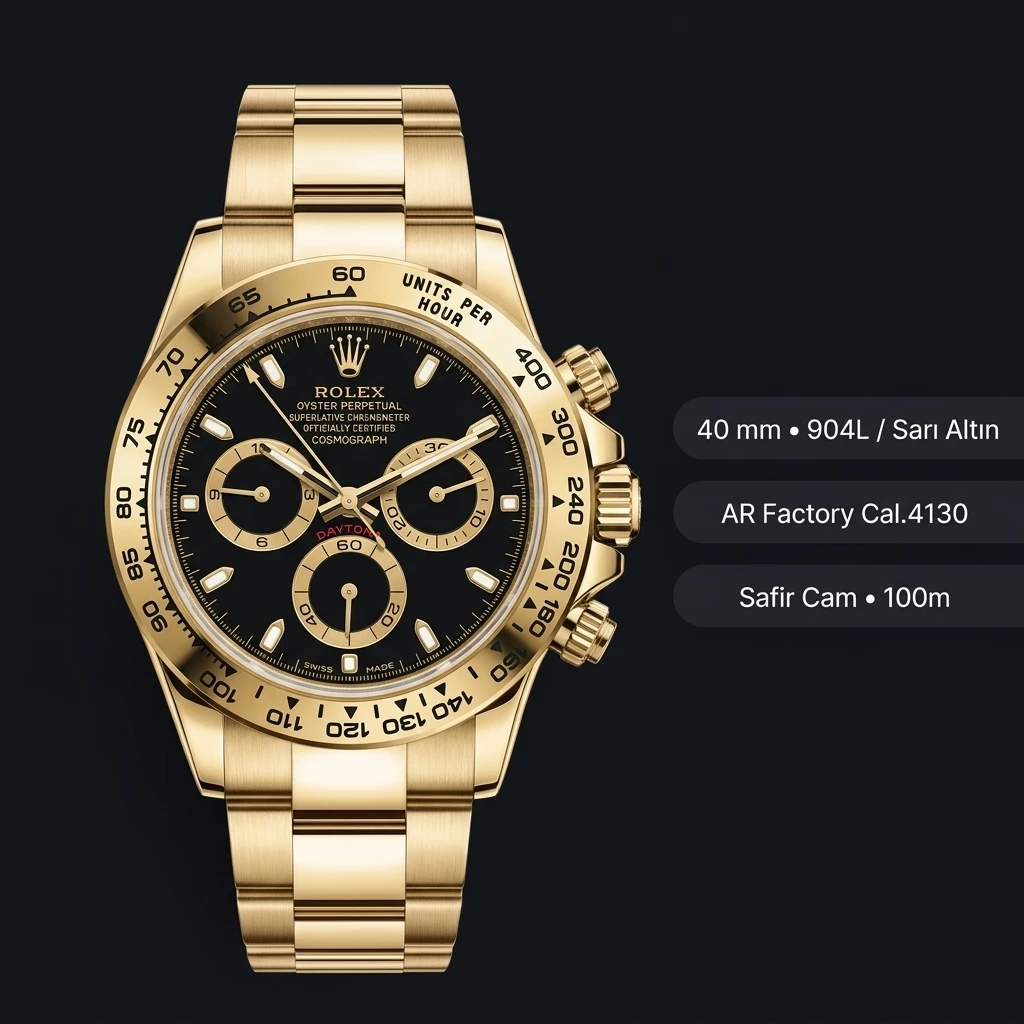 Rolex Daytona 116508 Yellow Gold Siyah 4130 Super Clone ETA Saat