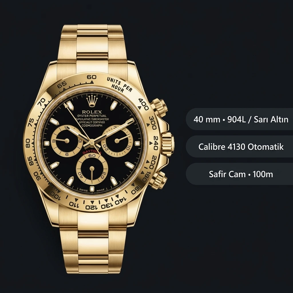 Rolex Daytona 116508 Yellow Gold Siyah 4130 Oyster Super Clone ETA Saat