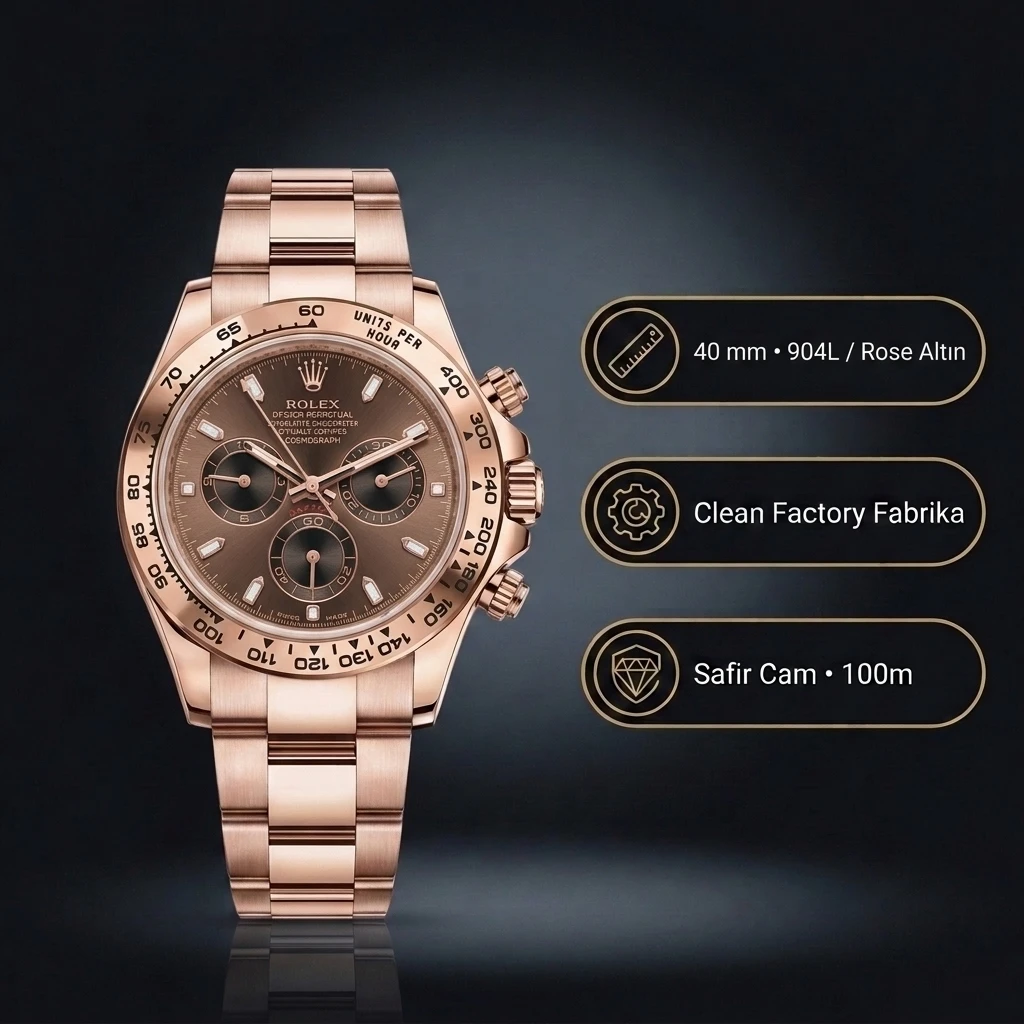 Rolex Daytona 116515LN Everose Siyah Oysterflex 4130 40mm Super Clone ETA Saat